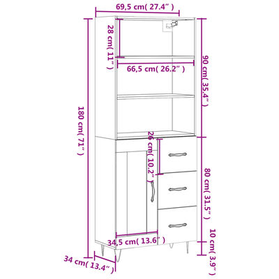 vidaXL Highboard Räuchereiche 69,5x34x180 cm Holzwerkstoff