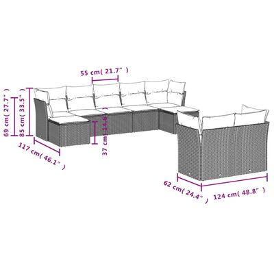 vidaXL 9-tlg. Garten-Sofagarnitur mit Kissen Beige Poly Rattan