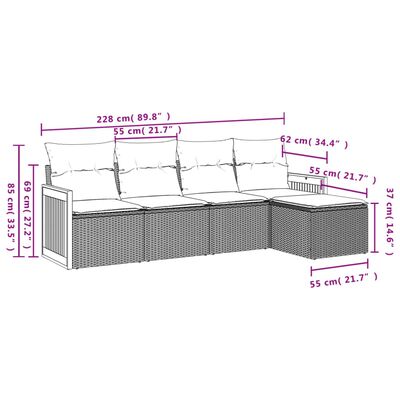 vidaXL 5-tlg. Garten-Sofagarnitur mit Kissen Schwarz Poly Rattan