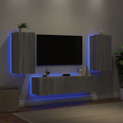 vidaXL 4-tlg. Wohnwand mit LED-Beleuchtung Grau Sonoma Holzwerkstoff