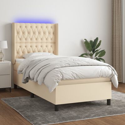 vidaXL Boxspringbett mit Matratze & LED Creme 90x190 cm Stoff