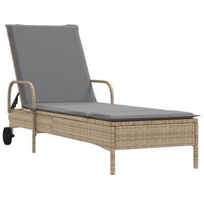 vidaXL Sonnenliege mit Rollen und Auflage Beige Poly Rattan