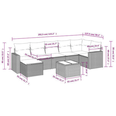 vidaXL 8-tlg. Garten-Sofagarnitur mit Kissen Schwarz Poly Rattan