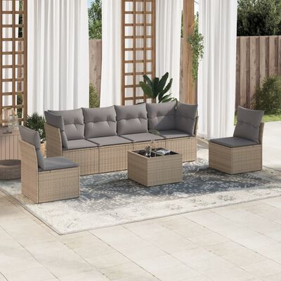 vidaXL 7-tlg. Garten-Sofagarnitur mit Kissen Beige Poly Rattan