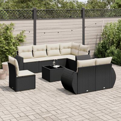 vidaXL 9-tlg. Garten-Sofagarnitur mit Kissen Schwarz Poly Rattan