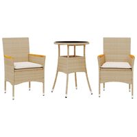 vidaXL 3-tlg. Garten-Essgruppe mit Kissen Beige Poly Rattan und Glas