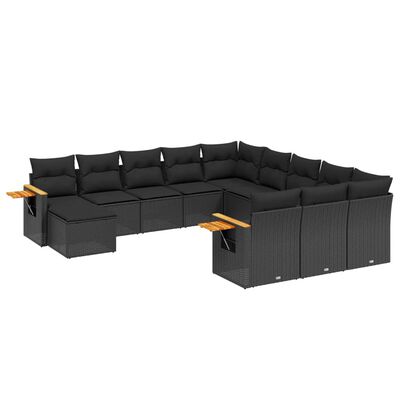 vidaXL 11-tlg. Garten-Sofagarnitur mit Kissen Schwarz Poly Rattan