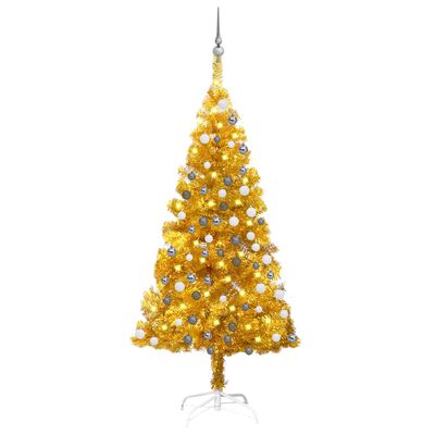 vidaXL Künstlicher Weihnachtsbaum Beleuchtung & Kugeln Gold 150 cm PET