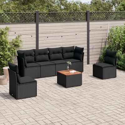 vidaXL 7-tlg. Garten-Sofagarnitur mit Kissen Schwarz Poly Rattan