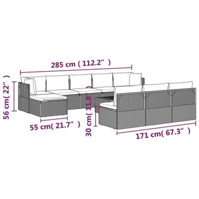 vidaXL 11-tlg. Garten-Lounge-Set mit Kissen Grau Poly Rattan