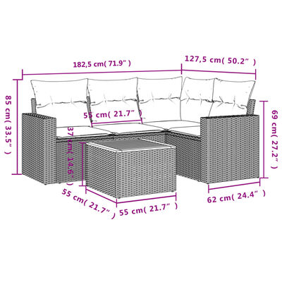 vidaXL 5-tlg. Garten-Sofagarnitur mit Kissen Beige Poly Rattan