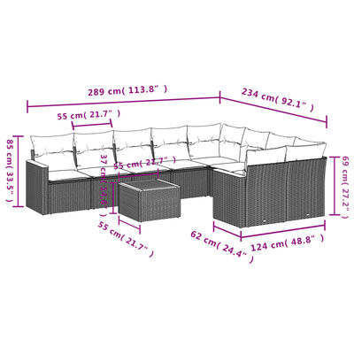 vidaXL 10-tlg. Garten-Sofagarnitur mit Kissen Grau Poly Rattan