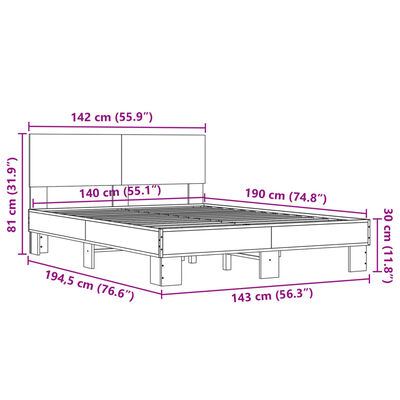 vidaXL Bettgestell Grau Sonoma 140x190 cm Holzwerkstoff und Metall