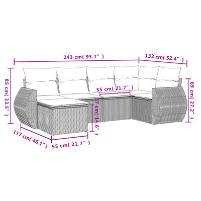 vidaXL 6-tlg. Garten-Sofagarnitur mit Kissen Grau Poly Rattan