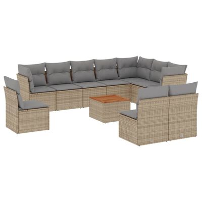 vidaXL 11-tlg. Garten-Sofagarnitur mit Kissen Beige Poly Rattan