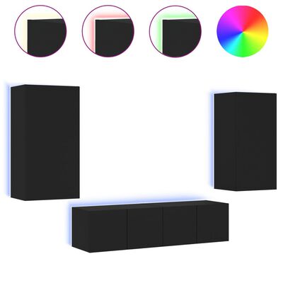 vidaXL 4-tlg. Wohnwand mit LED-Beleuchtung Schwarz Holzwerkstoff