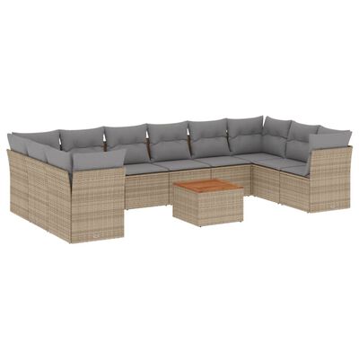 vidaXL 11-tlg. Garten-Sofagarnitur mit Kissen Beige Poly Rattan