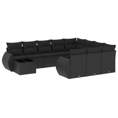 vidaXL 11-tlg. Garten-Sofagarnitur mit Kissen Schwarz Poly Rattan