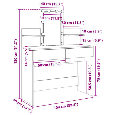 vidaXL Schminktisch mit LED-Beleuchtung Räuchereiche 100x40x130 cm