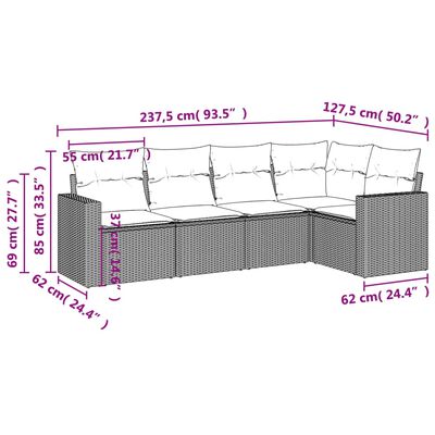 vidaXL 5-tlg. Garten-Sofagarnitur mit Kissen Braun Poly Rattan