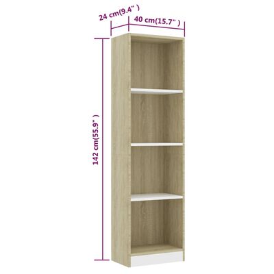 vidaXL Bücherregal 4 Fächer Weiß Sonoma-Eiche 40x24x142 Holzwerkstoff