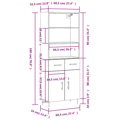 vidaXL Highboard Räuchereiche 69,5x34x180 cm Holzwerkstoff