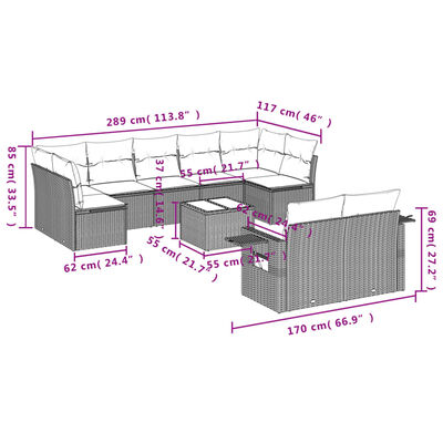 vidaXL 10-tlg. Garten-Sofagarnitur mit Kissen Schwarz Poly Rattan