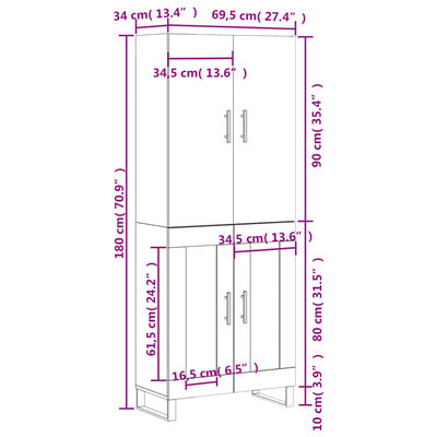 vidaXL Highboard Weiß 69,5x34x180 cm Holzwerkstoff