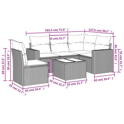 vidaXL 6-tlg. Garten-Sofagarnitur mit Kissen Schwarz Poly Rattan