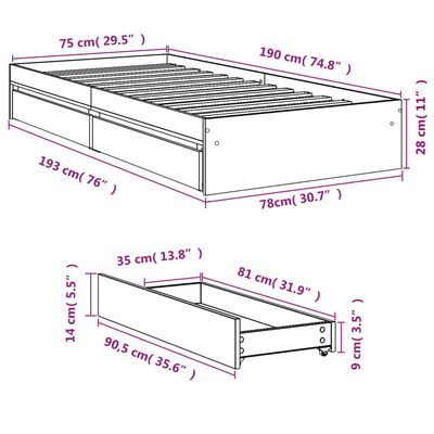 vidaXL Bettgestell mit Schubladen Räuchereiche 75x190 cm Holzwerkstoff