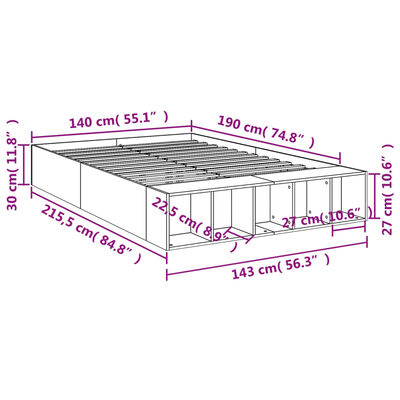 vidaXL Bettgestell Grau Sonoma 140x190 cm Holzwerkstoff