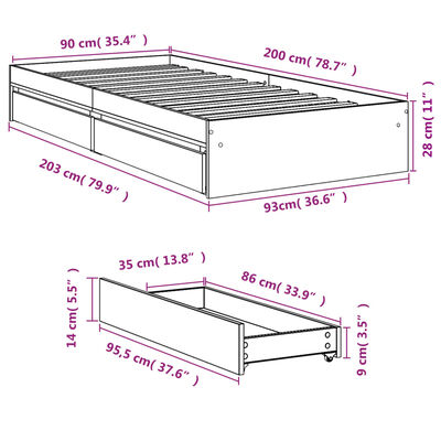 vidaXL Bettgestell mit Schubladen Räuchereiche 90x200cm Holzwerkstoff