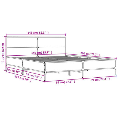 vidaXL Bettgestell Grau Sonoma 140x200 cm Holzwerkstoff und Metall