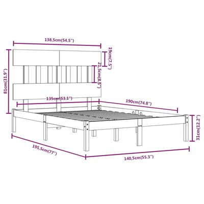 vidaXL Massivholzbett Schwarz 135x190 cm