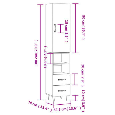 vidaXL Highboard Grau Sonoma 34,5x34x180 cm Holzwerkstoff