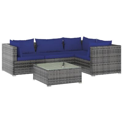 vidaXL 5-tlg. Garten-Lounge-Set mit Kissen Poly Rattan Grau