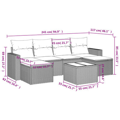 vidaXL 7-tlg. Garten-Sofagarnitur mit Kissen Grau Poly Rattan