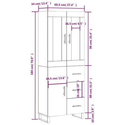 vidaXL Highboard Betongrau 69,5x34x180 cm Holzwerkstoff