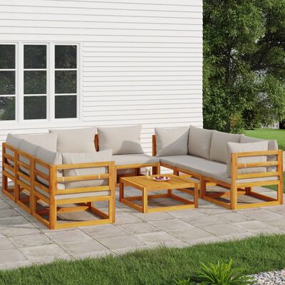 vidaXL 9-tlg. Garten-Lounge-Set mit Hellgrauen Kissen Massivholz