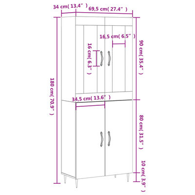 vidaXL Highboard Grau Sonoma 69,5x34x180 cm Holzwerkstoff