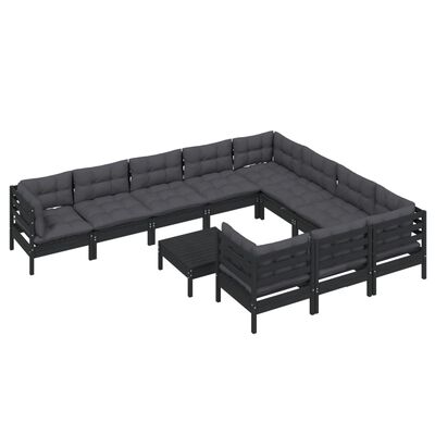 vidaXL 11-tlg. Garten-Lounge-Set mit Kissen Schwarz Kiefernholz