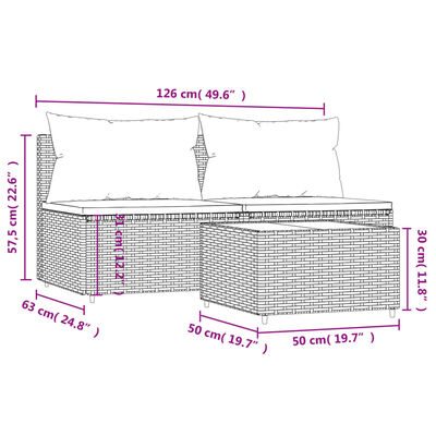 vidaXL 3-tlg. Garten-Lounge-Set mit Kissen Grau Poly Rattan