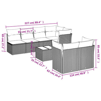 vidaXL 8-tlg. Garten-Sofagarnitur mit Kissen Hellgrau Poly Rattan