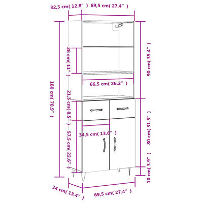 vidaXL Highboard Räuchereiche 69,5x34x180 cm Holzwerkstoff