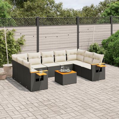 vidaXL 10-tlg. Garten-Sofagarnitur mit Kissen Schwarz Poly Rattan