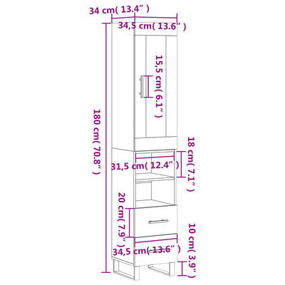 vidaXL Highboard Braun Eichen-Optik 34,5x34x180 cm Holzwerkstoff