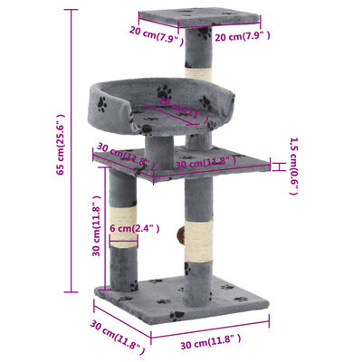 vidaXL Katzen-Kratzbaum mit Sisal-Säulen 65 cm Pfoten-Aufdruck Grau