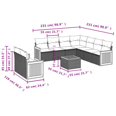 vidaXL 10-tlg. Garten-Sofagarnitur mit Kissen Schwarz Poly Rattan