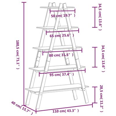 vidaXL Regal mit 5 Böden A-Form 110x40x180,5 cm Massivholz Kiefer