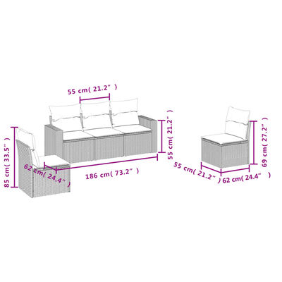 vidaXL 5-tlg. Garten-Sofagarnitur mit Kissen Hellgrau Poly Rattan